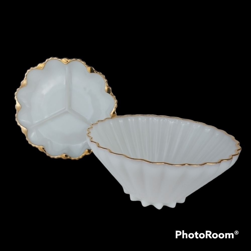 VINTAGE ANCHOR HOCKING milk glass gold trim big serving bowl plus divide…